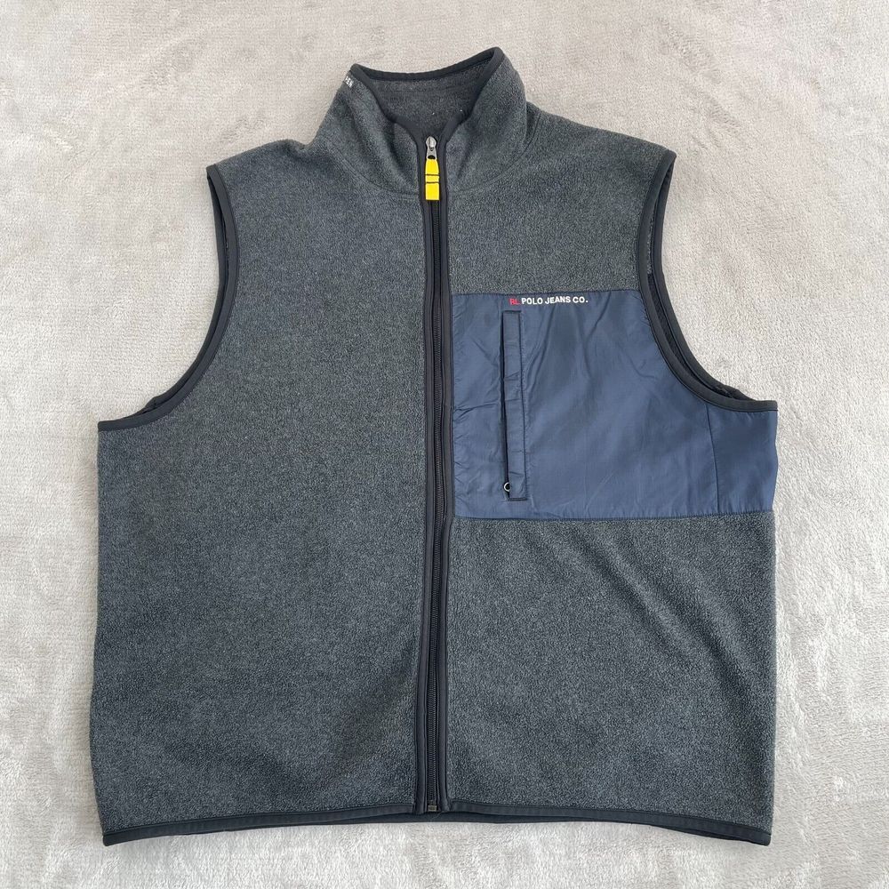 Polo Jeans Ralph Lauren Vest Men XL Grey Fleece Mock Neck Full Zip Hooded Golf